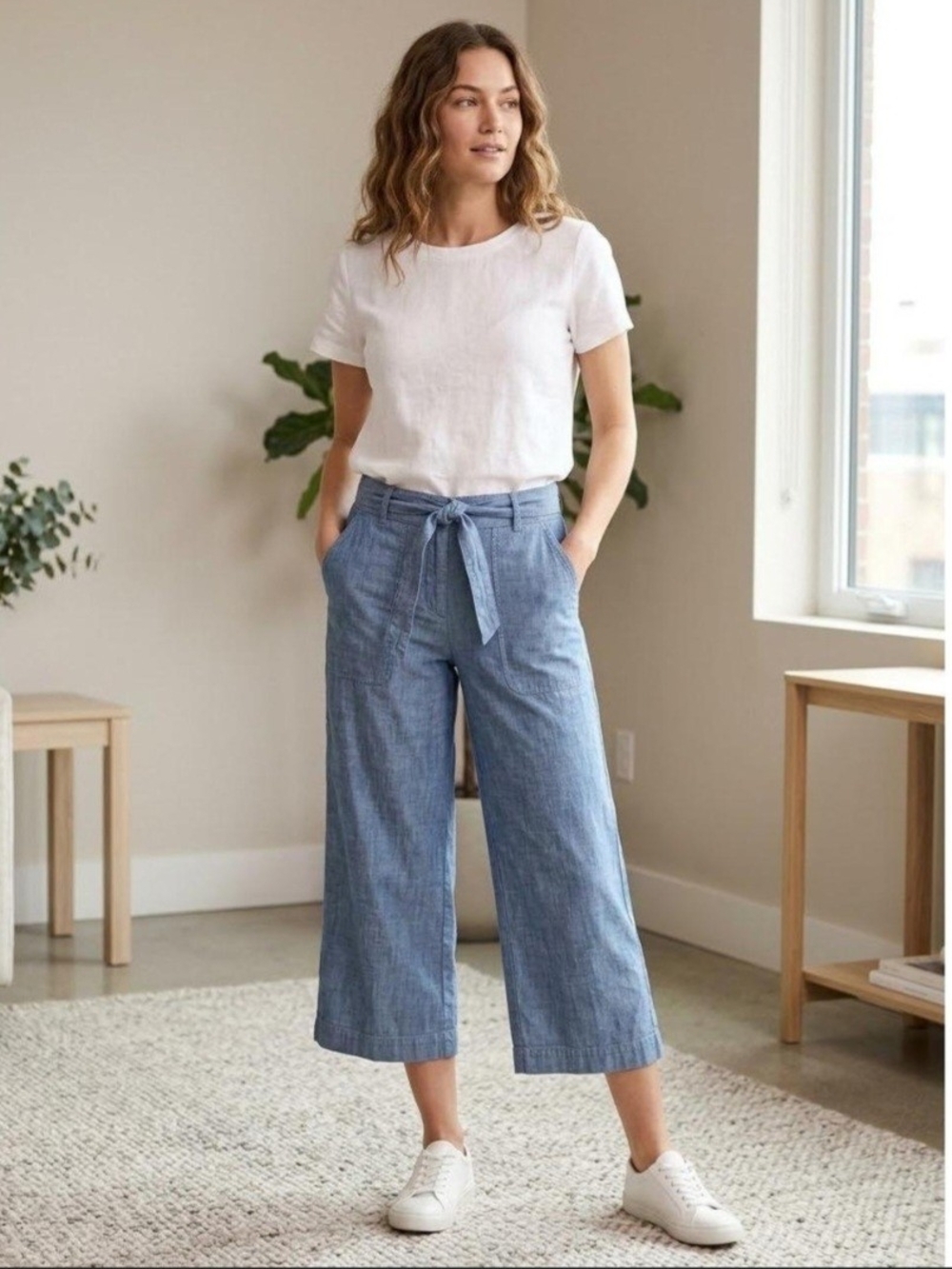 J. Crew Chambray Tie-Waist Wide Leg Crop Pants - Light Blue